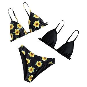 Girl's 3 Piece Bathing Suit Floral Print Bikini Sets Swimwear Bra Sunflower
